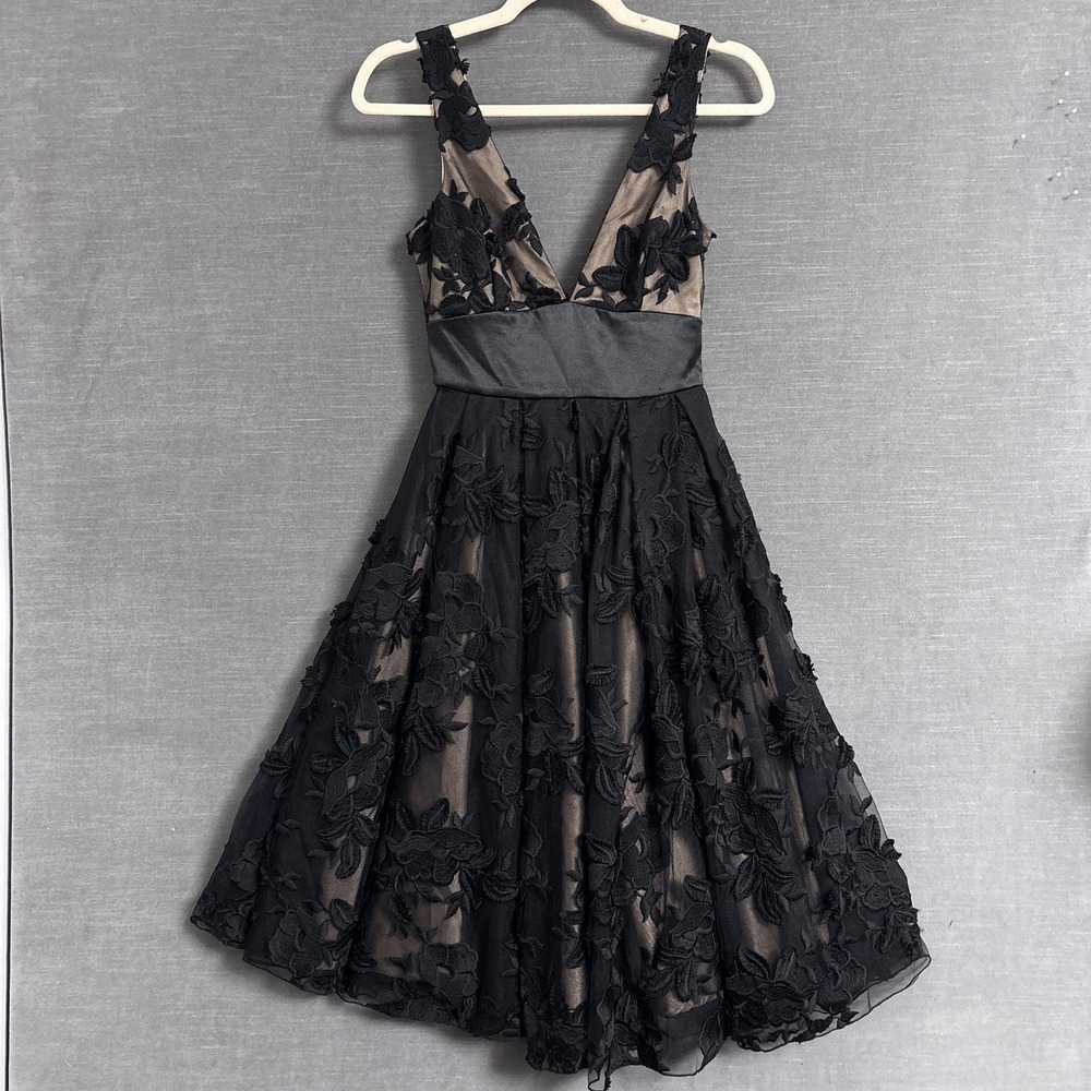 Bebe Dress 0 Black Lace Satin Fit Flare Midi Bow Deep V Cocktail Party Glam LBD‎